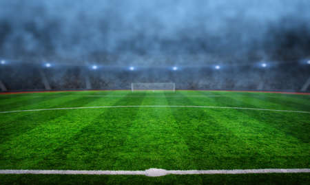 Soccer stadium with illumination, green grass and night  blurred sky
