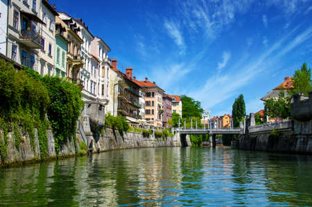 Cityscape view on Ljubljanica river in Ljubljana old town. Slovenia.の写真素材