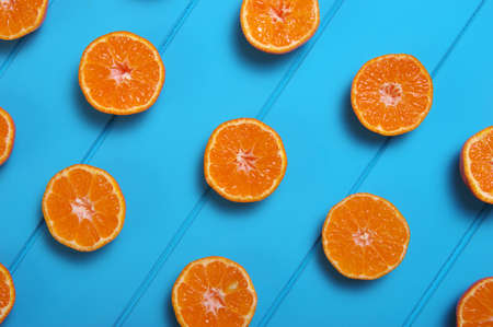 Oranges on wood background with copy space.の写真素材