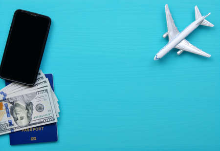 Model plane, airplane on blue background. travel and transportation conceptの写真素材