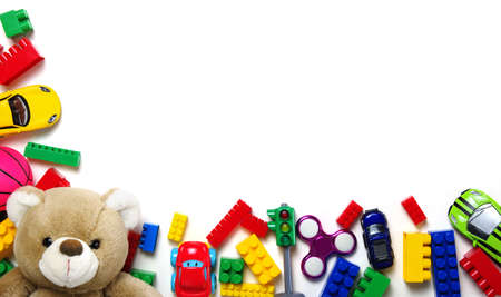 Toys frame on white background. Top view. Flat lay.の写真素材