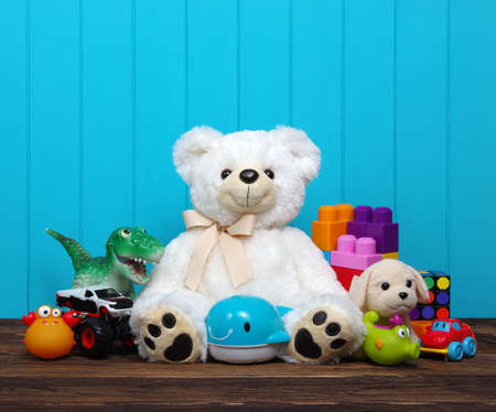 Toys on a wood background