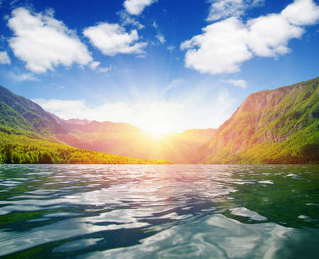 Mountain lake with clear waterの写真素材