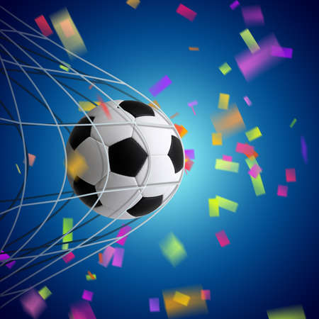 Soccer ball in goal on blue backgroundの写真素材