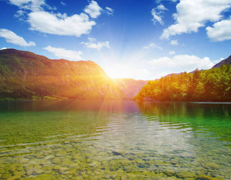 Mountain lake with clear waterの写真素材