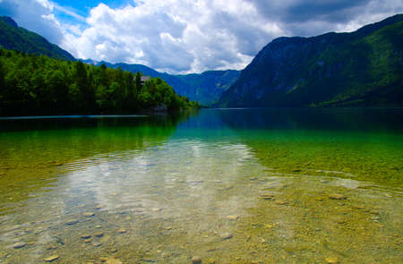 Mountain lake with clear waterの写真素材