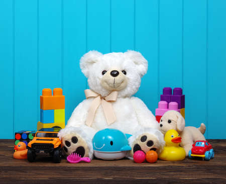 Toys on a wood backgroundの写真素材