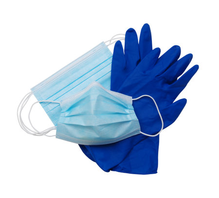 Mask and latex medical gloves isolated on white backgroundの写真素材