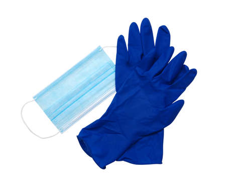 Mask and latex medical gloves isolated on white backgroundの写真素材