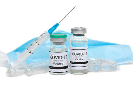 Vaccine bottles, vials medicine and syringe injection  isolated on white. Vaccination, immunization, treatment to infection.の写真素材