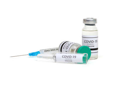 Vaccine bottles, vials medicine and syringe injection  isolated on white. Vaccination, immunization, treatment to infection.の写真素材