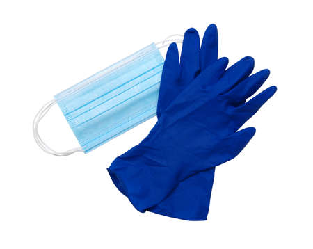 Mask and latex medical gloves isolated on white backgroundの写真素材