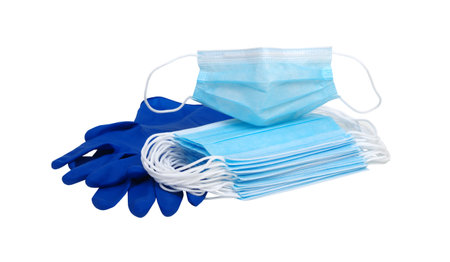 Mask and latex medical gloves isolated on white backgroundの写真素材