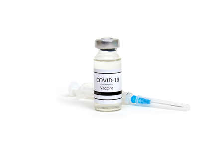 Vaccine bottles, vials medicine and syringe injection  isolated on white. Vaccination, immunization, treatment to infection.の写真素材