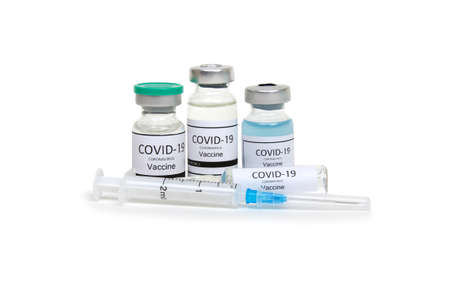 Vaccine bottles, vials medicine and syringe injection  isolated on white. Vaccination, immunization, treatment to infection.の写真素材