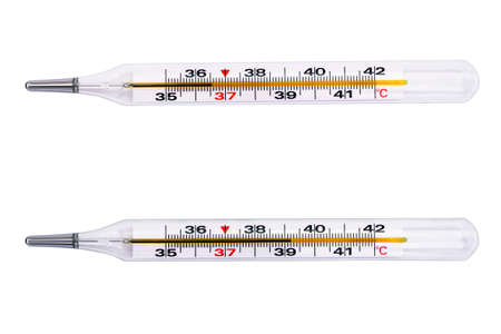 Two mercury thermometers with different temperatures. Isolate.の写真素材