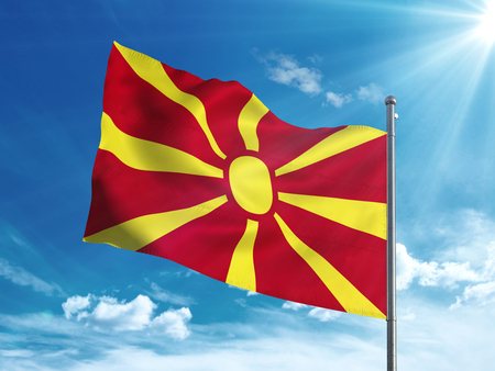 Macedonia flag waving in the blue skyの写真素材