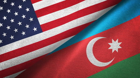 United States and Azerbaijan flags together textile cloth, fabric textureの写真素材