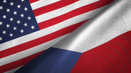United States and Czech Republic flags together textile cloth, fabric textureの写真素材