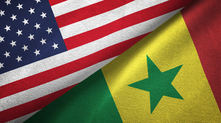 United States and Senegal two flags textile cloth, fabric textureの写真素材