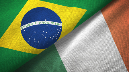 Ireland and Brazil flags together relations textile cloth fabric textureの写真素材