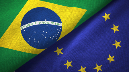 European Union and Brazil flags together relations textile cloth fabric textureの写真素材