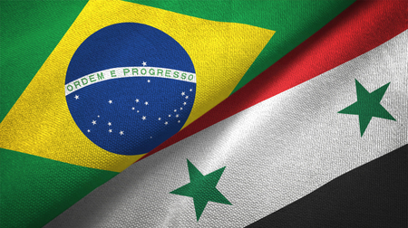 Syria Syrian Arab Republic and Brazil flags together relations textile cloth fabric textureの写真素材