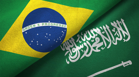 Saudi Arabia and Brazil flags textile cloth fabric textureの写真素材