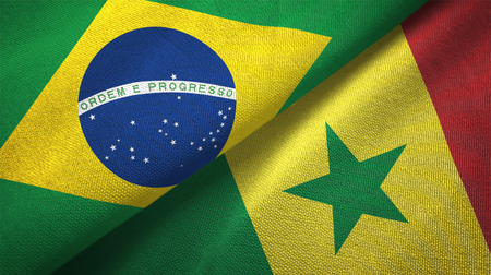 Senegal and Brazil flags together relations textile cloth fabric textureの写真素材