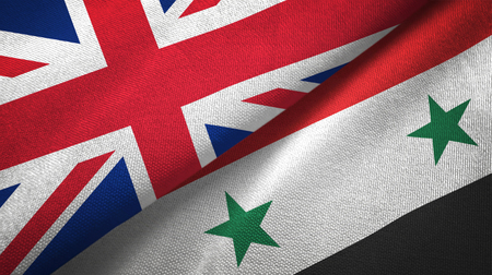 United Kingdom and Syria Syrian Arab Republic flags together relations textile cloth, fabric textureの写真素材