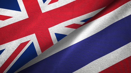 United Kingdom and Thailand flags together relations textile cloth, fabric textureの写真素材