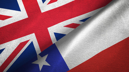 United Kingdom and Chile flags together relations textile cloth, fabric textureの写真素材