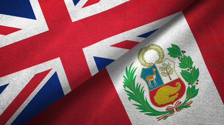 United Kingdom and Peru flags together relations textile cloth, fabric textureの写真素材