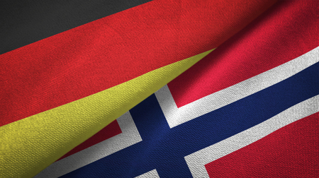 Germany and Norway flags together relations textile cloth, fabric textureの写真素材