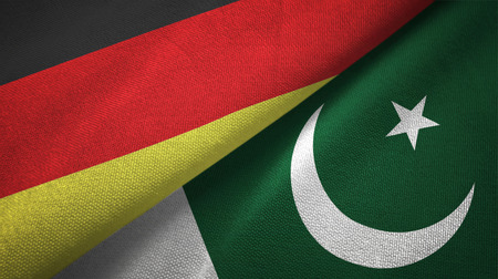 Germany and Pakistan flags together relations textile cloth, fabric textureの写真素材