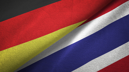 Germany and Thailand flags together relations textile cloth, fabric textureの写真素材