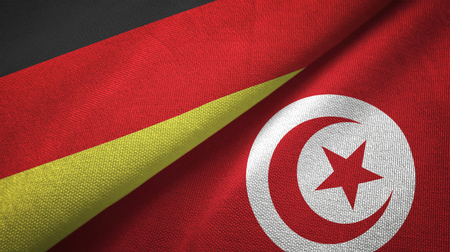 Germany and Tunisia flags together relations textile cloth, fabric textureの写真素材