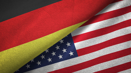 Germany and United States flags together relations textile cloth, fabric textureの写真素材