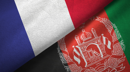 France and Afghanistan flags together relations textile cloth, fabric textureの写真素材