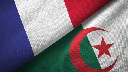 France and Algeria flags together relations textile cloth, fabric textureの写真素材