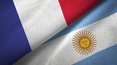France and Argentine flags together relations textile cloth, fabric textureの写真素材