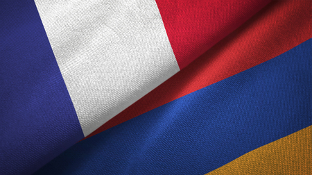 France and Armenia flags together relations textile cloth, fabric textureの写真素材