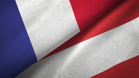 France and Austria flags together relations textile cloth, fabric textureの写真素材
