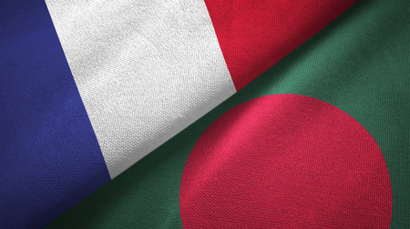 France and Bangladesh flags together relations textile cloth, fabric textureの写真素材