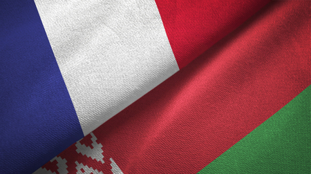 France and Belarus flags together relations textile cloth, fabric textureの写真素材