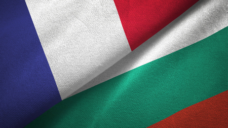 France and Bulgaria flags together relations textile cloth, fabric textureの写真素材
