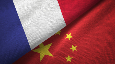 France and China flags together relations textile cloth, fabric textureの写真素材