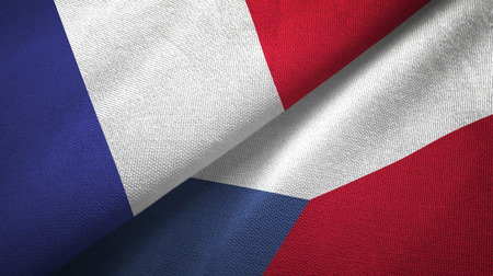 France and Czech Republic flags together relations textile cloth, fabric textureの写真素材