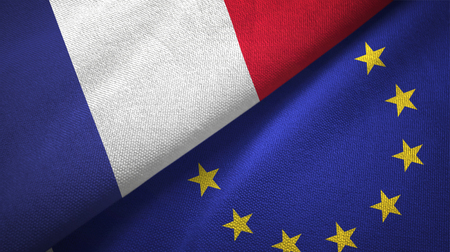 France and European Union flags together relations textile cloth, fabric textureの写真素材