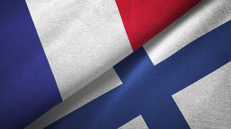 France and Finland flags together relations textile cloth, fabric textureの写真素材